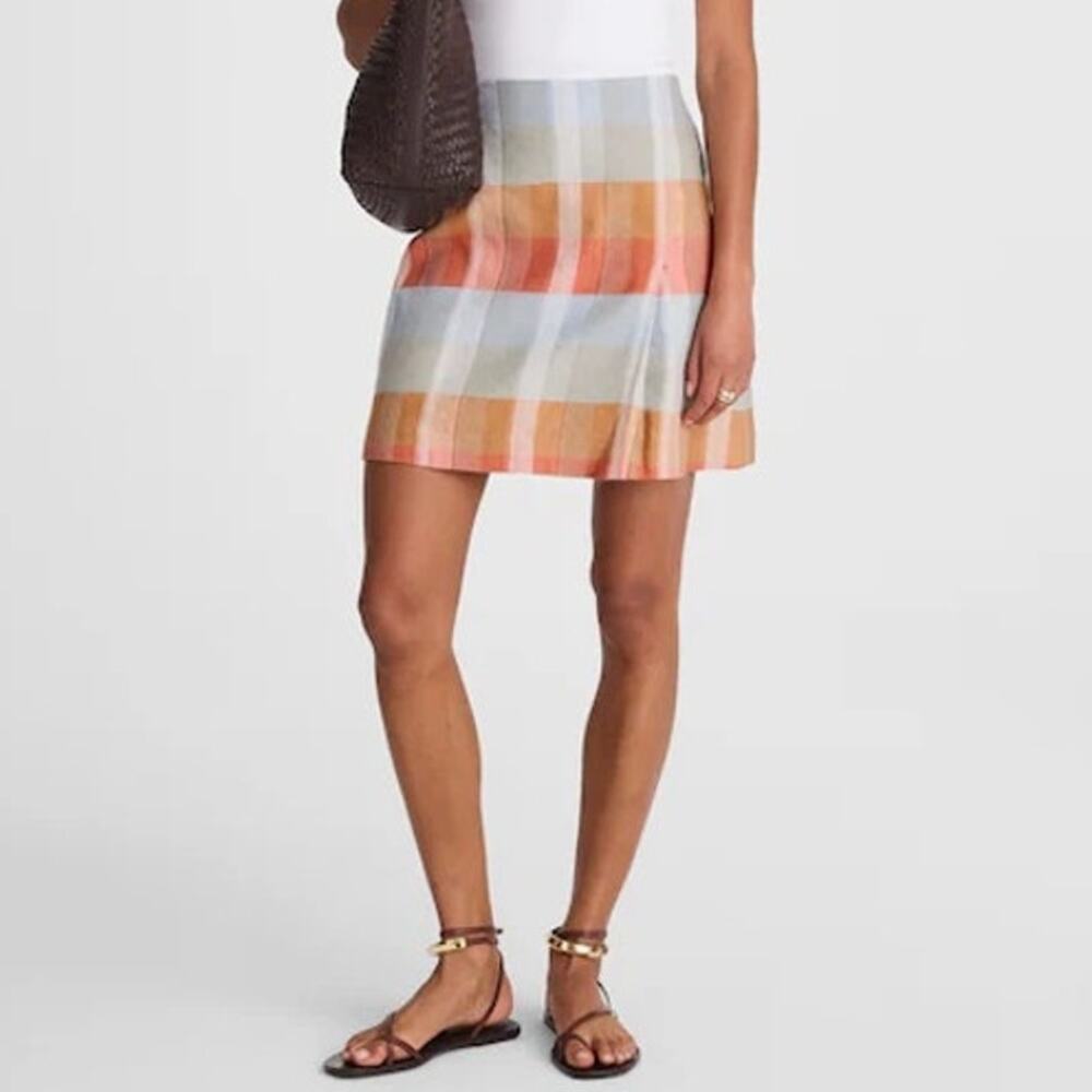 Madewell Single Pleat Linen Mini Skirt Blue Orange Plaid Size 0 NWT